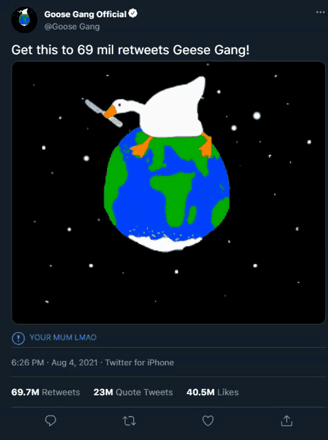 a tweet from goose gang shows a goose holding a knife on top of the earth