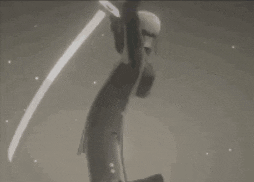 a black and white photo of a person holding a sword in a video game .
