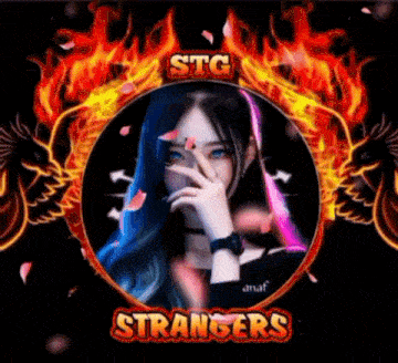 a girl with blue hair is in a circle with flames and the words strangers on the bottom