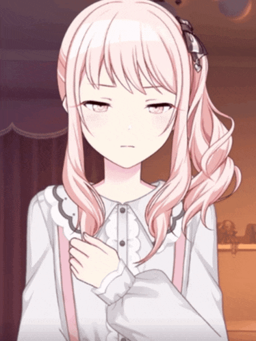 a girl with pink hair and a white shirt is making a sad face