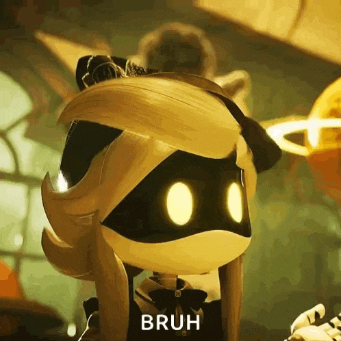 a close up of a cartoon character with the words bruh written on the bottom .