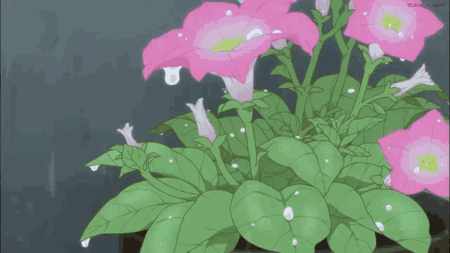 a drawing of pink flowers and green leaves