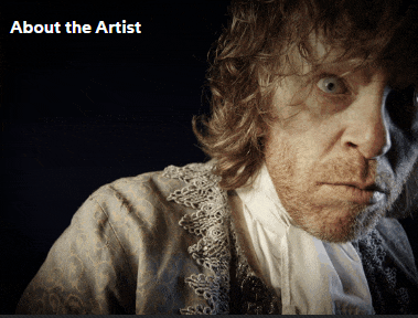 a close up of a man 's face with the words about the artist below him
