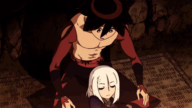 a cartoon drawing of a man and a girl sitting on a mat