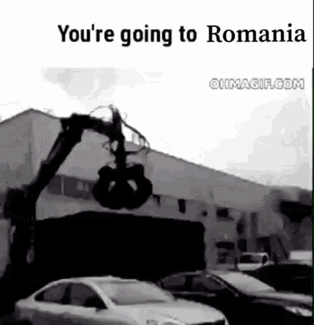 a black and white photo of a crane in front of a building that says you 're going to romania .