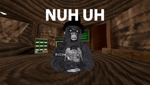 a picture of a gorilla with the words nuh uh written on it