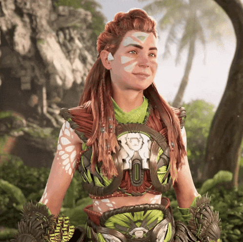 a woman with red hair and white paint on her face is wearing a green top