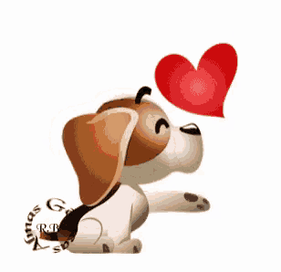 a brown and white cartoon dog is blowing a kiss with a red heart behind it .