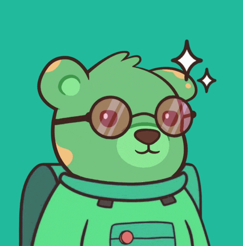a green teddy bear is holding a green cup with the letter gm on it