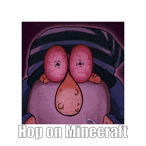 a picture of a cartoon character with the words hop on minecraft on the bottom