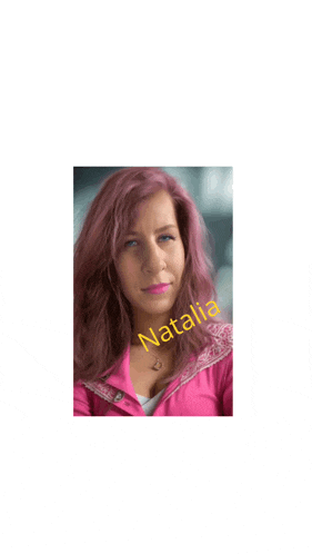 a woman with pink hair and the name natalia written on her face