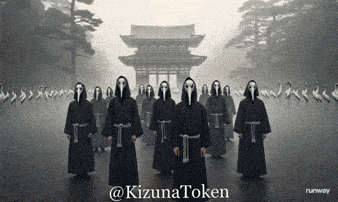 a group of people standing in front of a building with kizunatoken on the bottom right