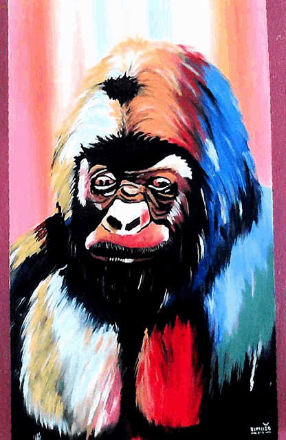 a colorful painting of a gorilla with the name bimish on the bottom left