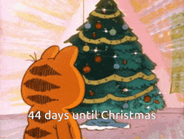 garfield is looking at a christmas tree with the words 44 days until christmas