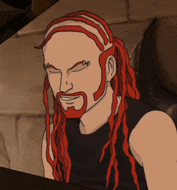 a cartoon drawing of a man with red dreadlocks and a beard