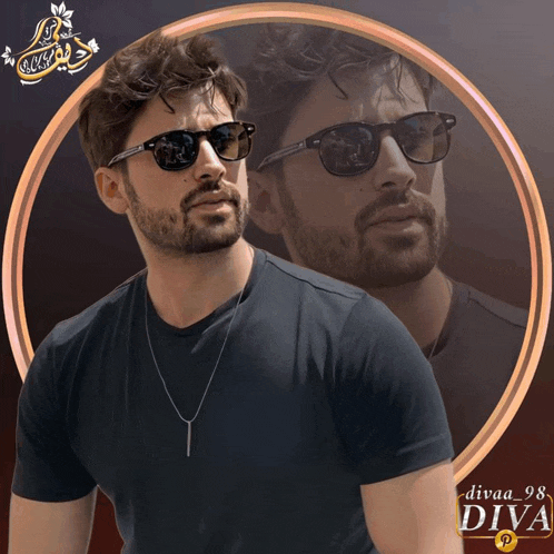 a man wearing sunglasses and a black shirt with diva 98 written on it