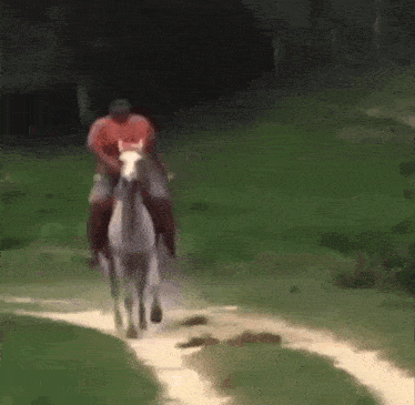 a man is riding a white horse on a dirt road .