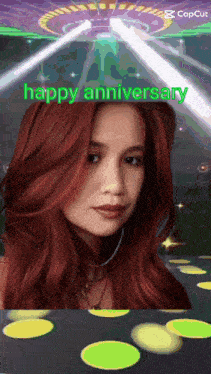 a picture of a woman with red hair and the words happy anniversary above her