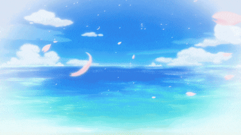 a painting of a blue ocean with white clouds and pink petals falling from the sky