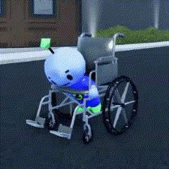 a stuffed animal is sitting in a wheelchair on the side of a road .