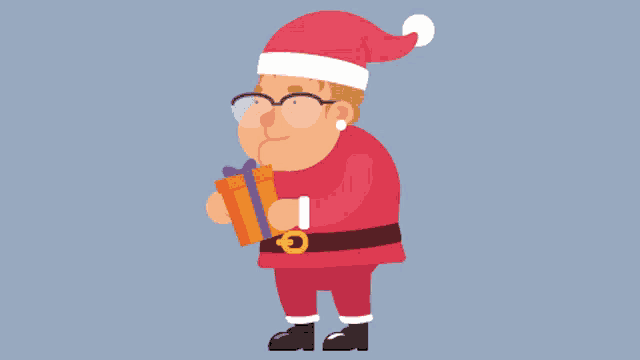 an elderly woman dressed as santa claus is holding a gift box