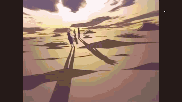 a group of people walking through a desert landscape