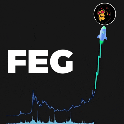 the word feg is on a black background with a rocket in the background