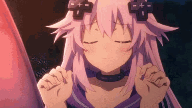 a girl with purple hair has a choker around her neck and a cross on her head