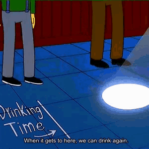 a cartoon of a man standing next to a light that says drinking time