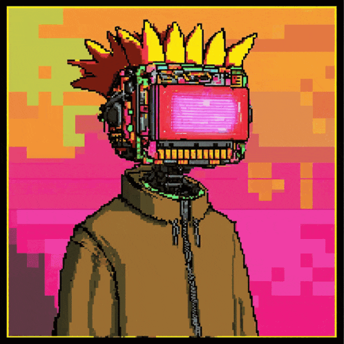 a pixel art drawing of a robot with a crown on his head