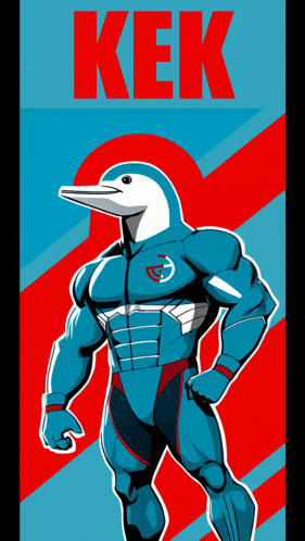 a cartoon of a dolphin in a blue and red superhero costume with the word kek above him