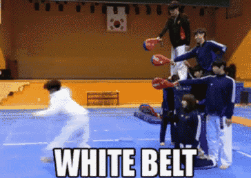 a group of people are standing on top of each other on a blue mat with the words white belt written on the bottom