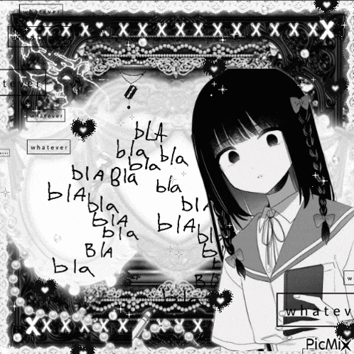 a black and white drawing of a girl with the words bla bla bla bla bla bla bla bla bla bla bla bla bla bla bla bla bla