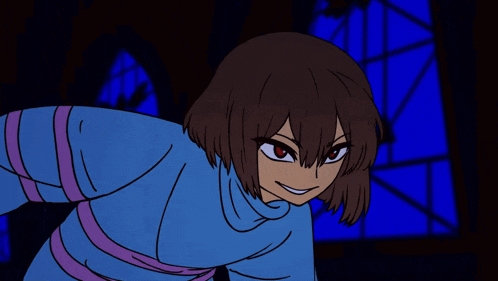 a cartoon character with red eyes and a blue shirt is smiling