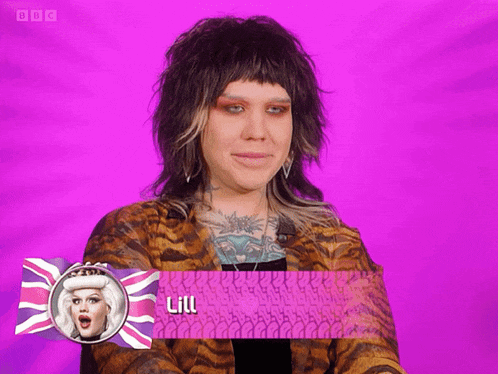 a woman with a british flag behind her that says lil