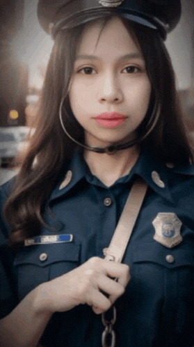 a woman in a police uniform has a name tag that says lmj