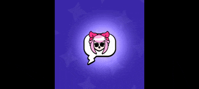a cartoon girl with pink hair and a speech bubble with a skull in it .