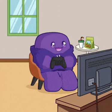 a cartoon of a purple monster sitting in front of a tv playing a video game