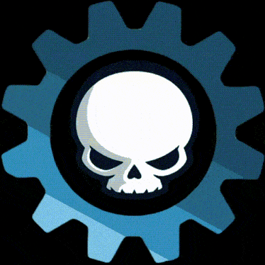 a blue gear with a skull in the middle