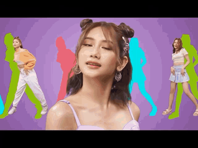 a woman in a purple tank top is surrounded by silhouettes of people
