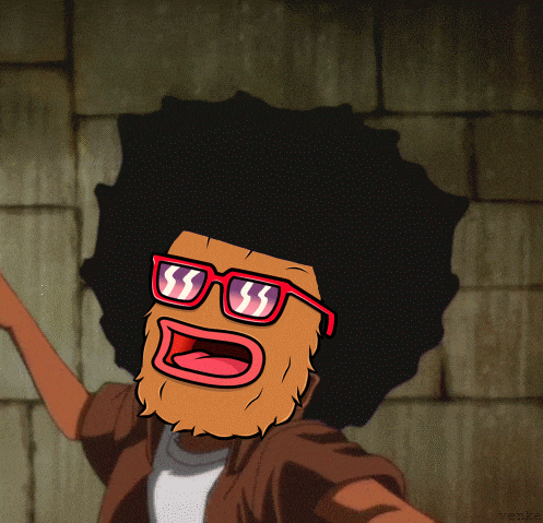 a cartoon drawing of a man with an afro wearing red glasses