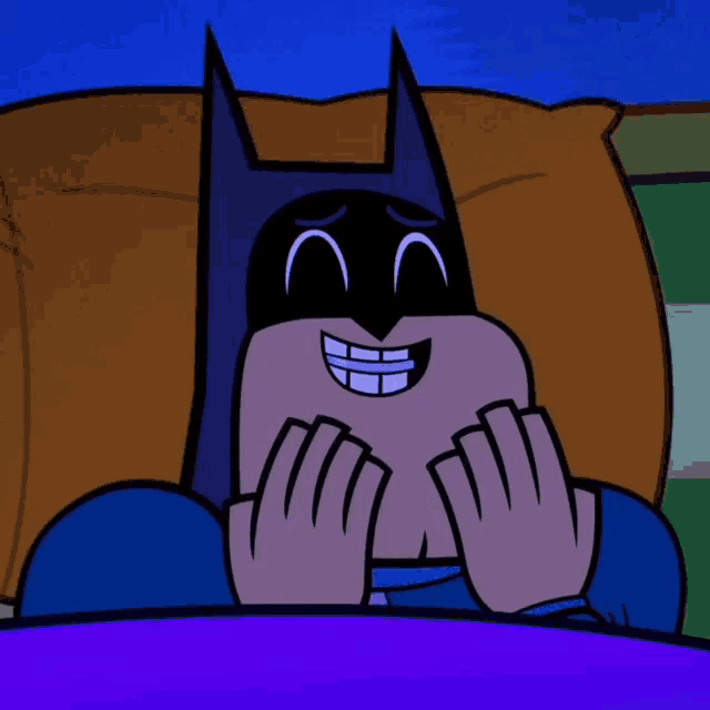 a cartoon of batman laying on a bed smiling