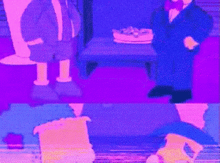 a couple of cartoon characters standing next to each other in front of a cake
