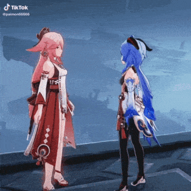 two anime girls standing next to each other with tiktok written on the bottom right