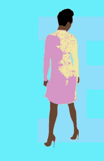 a woman in a white dress and high heels is standing in front of a pink background