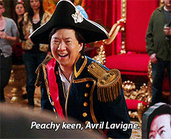 a man in a pirate outfit is laughing and says peachy keen avril lavigne