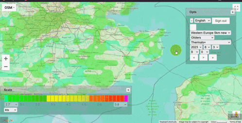 a computer screen shows a map of western europe with a slider for thermals