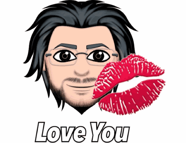 a cartoon of a man with glasses and a kiss with the words love you below