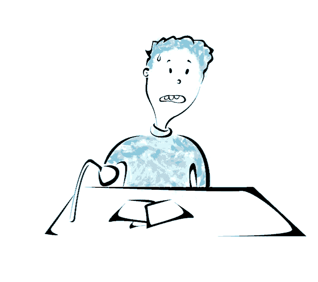 a cartoon drawing of a man with blue hair sitting at a desk