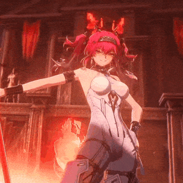 a girl with red hair is holding a sword in her hand